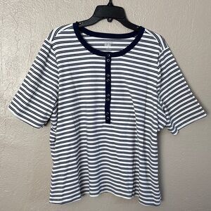 Lands End Women's Elbow Sleeve Striped Polished Rib Henley Top 2X Plus Size